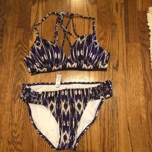 Athleta blue+white strappy bikini set sz small+med